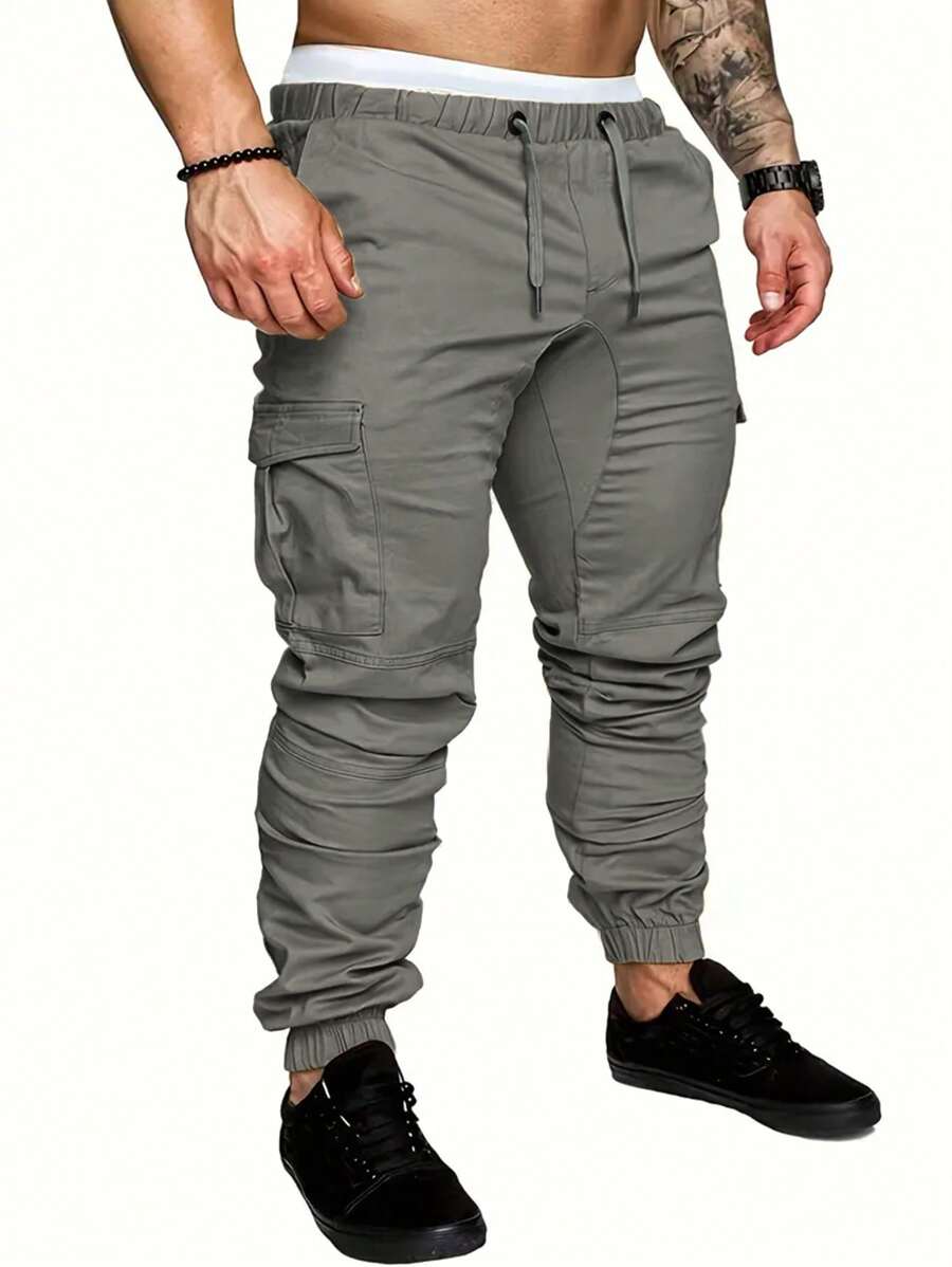 Manfinity Roughcore Men Casual Drawstring Waist Cargo Pants, For Fall - Dark Grey - View 1