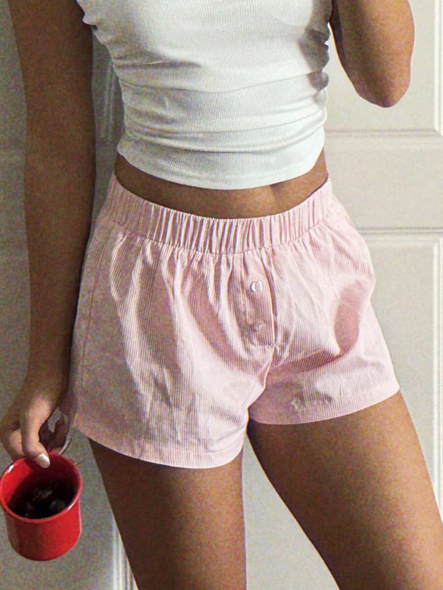 SHEIN EZwear 女裝夏季海灘假期條紋紐扣短褲，舒適短褲 - 粉色 - 查看 1