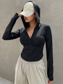 DAZY 女士修身连帽开衫字母印花夹克 - 黑色 - 查看 6