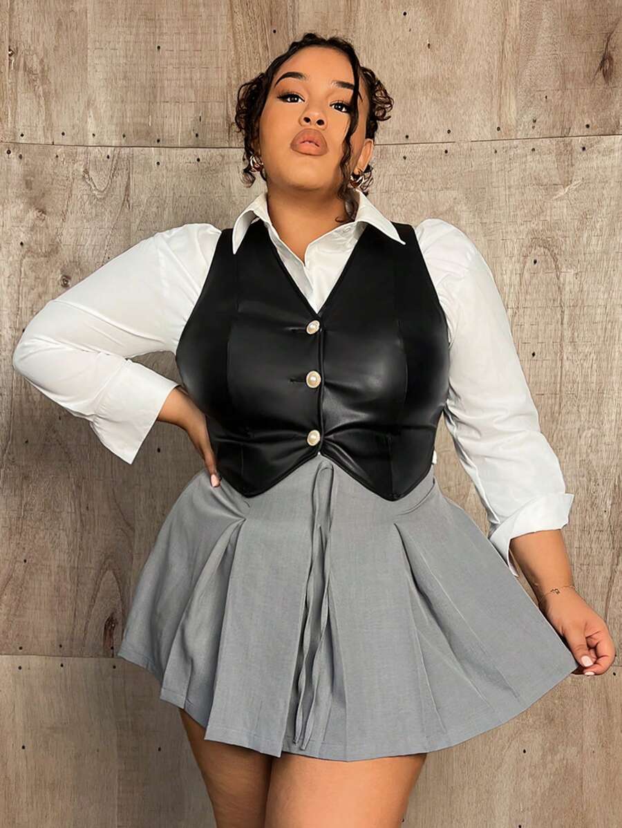 Forever 21 Plus Size Women's Vintage College Style Casual PU Leather Waistcoat - Black - View 1