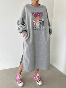 DAZY Women's Loose Cute Printed Fleece Sweatshirt Dress,Fall Clothes,Back To School Clothes - Grey - View 2