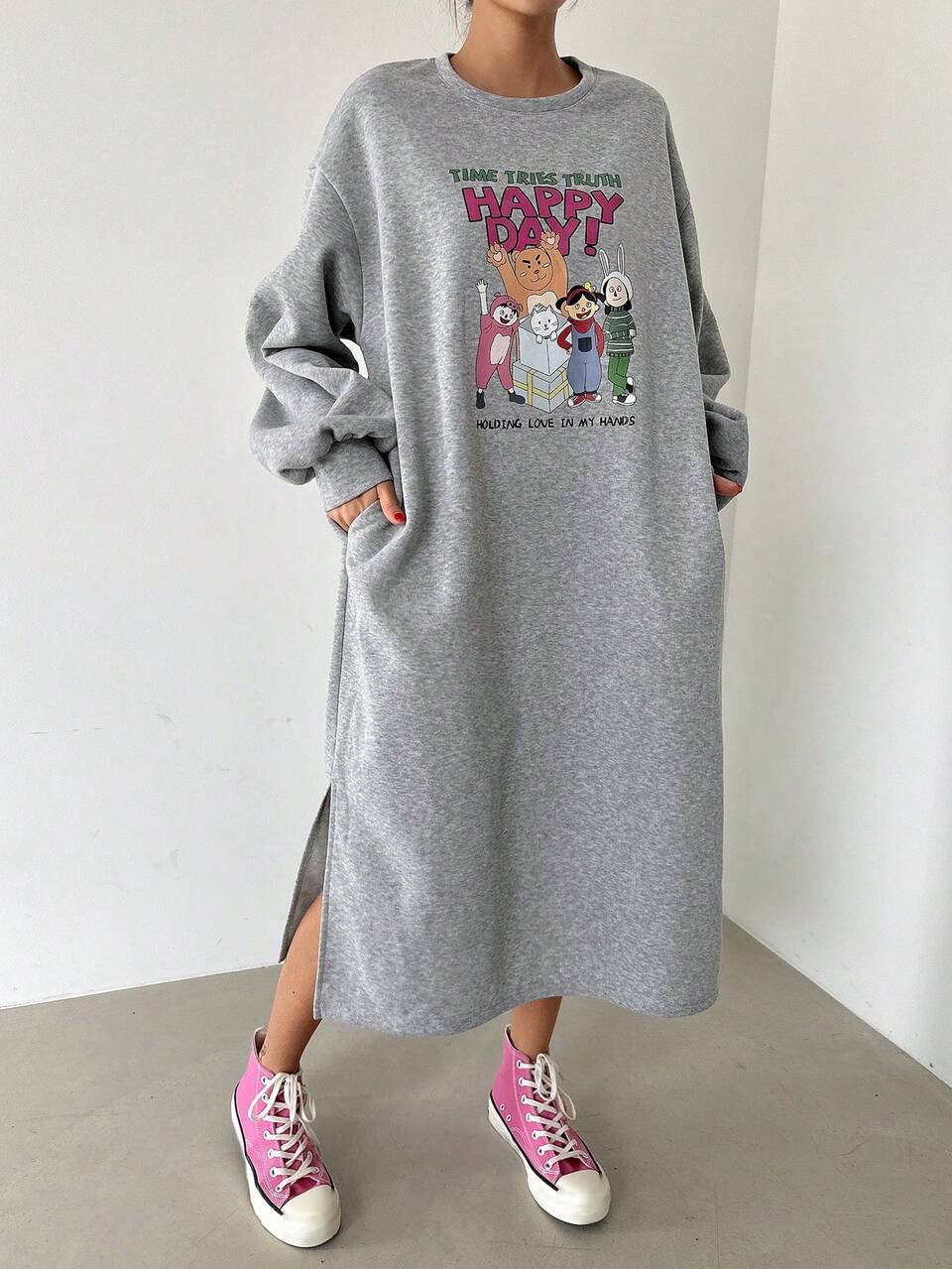 Women's Loose Cute Printed Fleece Sweatshirt Dress,Fall Clothes,Back To School Clothes Maxi Dress