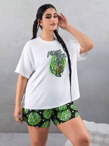 Rick and Morty X SHEIN Plus Size Casual Y2K Streetwear Dark Green & White Simple Line Graffiti Print Size Short Sleeve T-Shirt And Shorts Pajama Set - Multicolor - View 4