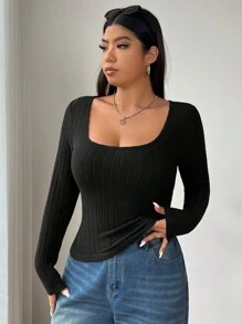SHEIN EZwear Camiseta de punto de cuello redondo de manga larga, de tela elástica de punto negro, de uso diario y casual, cómoda para yoga, interior y exterior, para mujer de talla grande, para el invierno