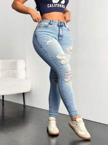 SHEIN EZwear Women's Casual Distressed Slim-Fit Denim Jeans