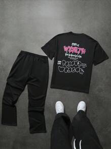 Manfinity Roghcode Plus Size Men's Casual Letter & Figure Print Short Sleeve Graphic Tee And Drawstring Waist Shorts Set, Summer - Black - View 2