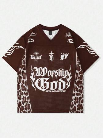 Street Life Men's Leopard Print Streetwear Basketball Jersey Short Sleeve Football Jersey Style T-Shirt, Mesh Fabric Patchwork, Summer,Graphic Tee