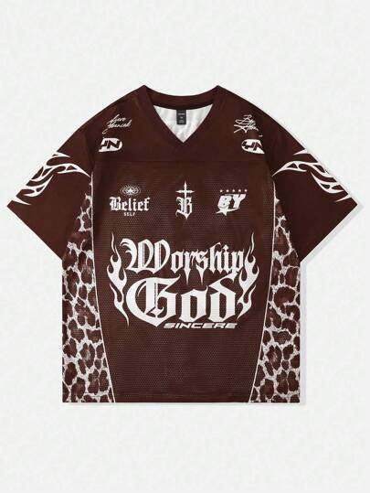 Street Life Men's Leopard Print Streetwear Basketball Jersey Short Sleeve Football Jersey Style T-Shirt, Mesh Fabric Patchwork, Summer,Graphic Tee