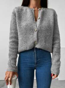 EURMUSE Button Front Fluffy Knit Cardigan - Grey - View 3