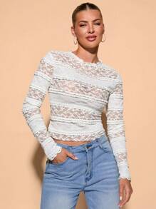 SHEIN BAE Áo ren viền ren bán trong suốt màu trắng thanh lịch cho ngày lễ mặc - trắng - Xem 6