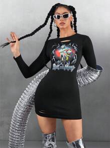 Rick and Morty X SHEIN 女士朋克卡通人物与字母印花破洞长袖紧身短裙 - 黑色 - 查看 3