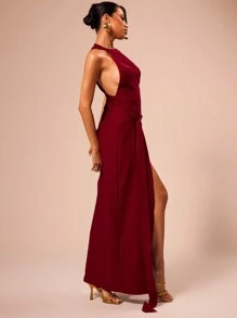 MUSERA Halter Neck Maxi Dress With Side Split Party Birthday Elegant Spring Summer Vacation Party Wedding Guest Elegant Summer Long Dress Graduation Prom - Burgundy - View 3
