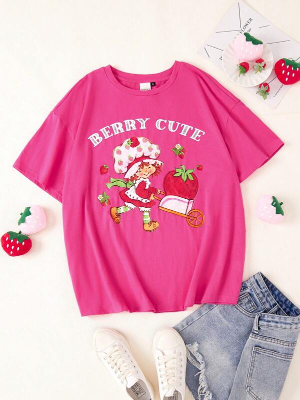 Strawberry Shortcake X SHEIN Plus Size Vintage Y2K Inspired Rose Red Strawberry Print Short Sleeve T-Shirt,Graphic Tee, For Summer