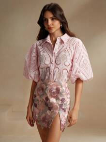 Anewsta 浪漫优雅度假风镂空绣花衬衫女衬衫 - 粉色 - 查看 5