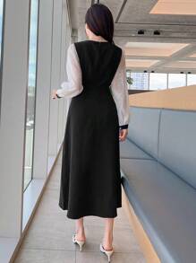 DAZY Đầm lưới mỏng tay dài cổ vuông phối màu cho nữ, xuân thu, bèo nhún - Đen và trắng - Xem 5