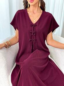 Al Najma 酒红色 V 领蝴蝶结吊带优雅曼妙连衣裙 - 酒紅色 - 查看 6