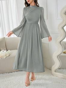 Modelyn Ladies Stand Collar Long Sleeve Pleated Elegant & Graceful Midi Dress Long Evening Dresses - Mint Green - View 5