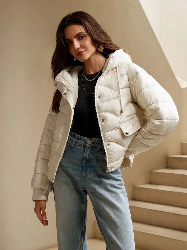 여성용 후드 단짧은 자수 아이보리 재킷