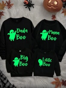 Dames lange mouwen fleece ronde hals sweatshirt, Halloween thema Glow-in-the-dark schattige vleermuis print pullover casual sweatshirt, bijpassende familie outfits