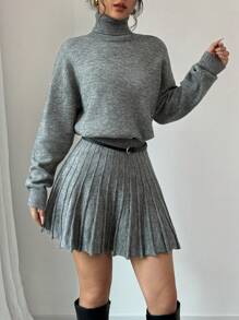 Rafferiza Bộ 2 chiếc váy xếp ly rộng màu trơn và áo len cổ lọ - Màu xám đen - Xem 7