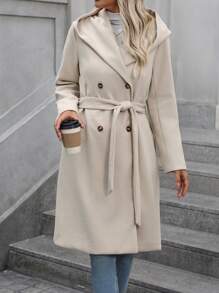 SHEIN Clasi 女士常规休闲办公室时尚商务腰带连帽长袖常规羊毛外套保暖 - 杏色 - 查看 6