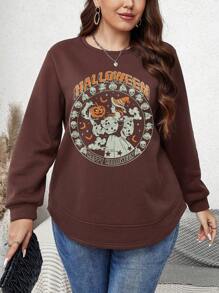 SHEIN LUNE Plus Size Letter & Cartoon Graphic Sweatshirt For Autumn & Winter Halloween Sweatshirt For Autumn & Winter Pumpkin Shirt Travel Outfit Airport