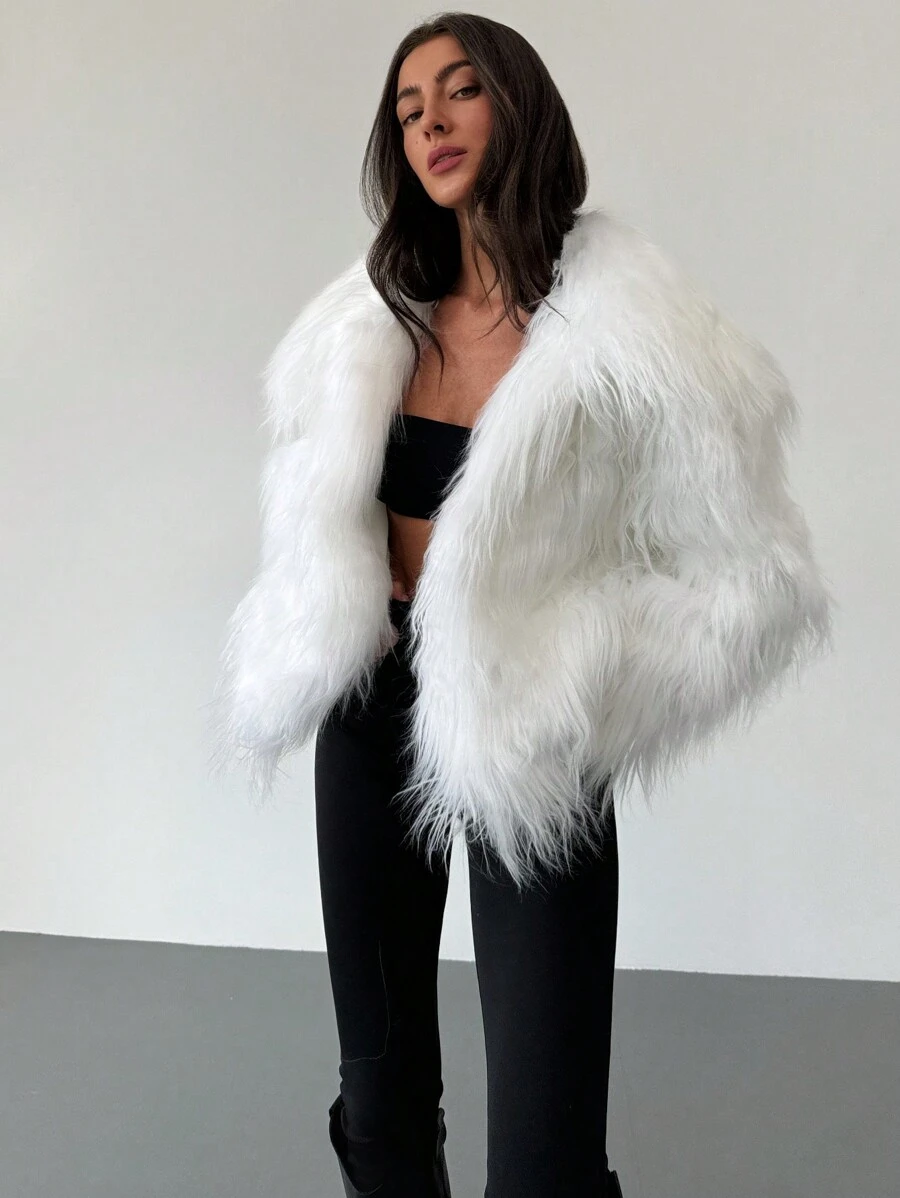 Aloruh New Warm Fluffy Collar White Versatile Fluffy Jacket - White - View 1