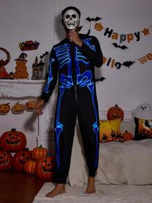 Manfinity Męska piżama kombinezonowa na Halloween, świecąca w ciemności, z nadrukiem czaszki i długim rękawem