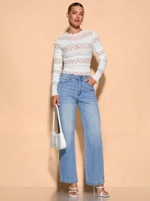 SHEIN BAE Áo ren viền ren bán trong suốt màu trắng thanh lịch cho ngày lễ mặc - trắng - Xem 4