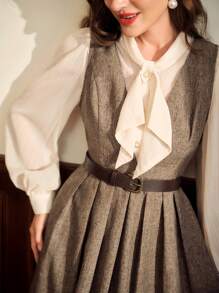 Vintamour Vintage Elegant Ladies' Fitted Belted Midi Dress With Pleated Hem Tall Women Fall Women Clothes Long Dress Winter Women Clothes Old Money Renaissance Dress Business Casual Women 90s Outfit Homecoming Dresses Fall Wedding Guest Dress Midi Women Dresses Renaissance Fair Thanksgiving Dress Business Women Clothes Old Money Dresses For Women Elegant