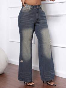 SHEIN SXY Jeans casuales de mezclilla con pierna acampanada y bolsillos desgastados para mujeres - Azul - Ver 4