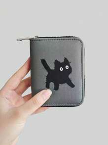 ROMWE Goth Gray Background Black Cat Cute Creative Multi-Function Card Holder Wallet - Grey - View 1