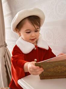 SHEIN Baby Girl Peter Pan Collar Front Button Long Sleeve Outerwear, Winter - Red - View 3