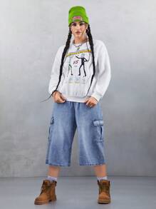 Rick and Morty X SHEIN Oversized locker sitzender grafischer Fleece Pullover, Weiß