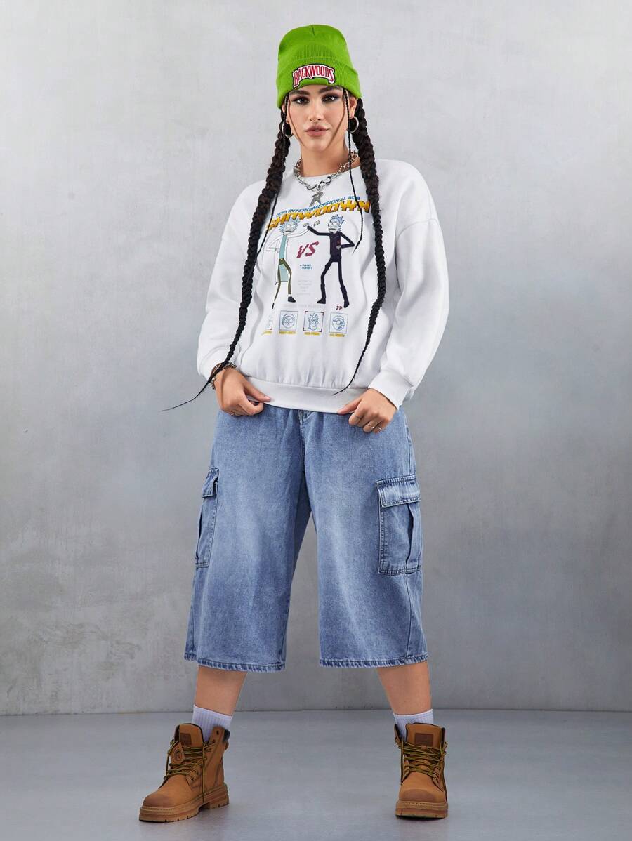 Rick and Morty X SHEIN Oversized locker sitzender grafischer Fleece Pullover, Weiß