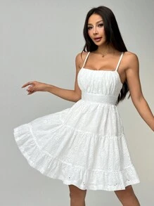 SHEIN EZwear Women's Summer Casual Solid Color Hollow Out Embroidered Spaghetti Strap Mini Dress