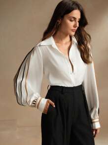 Anewsta Elegant French Style Pleated Women Blouse With Unique Design, Slim Fit,Long Sleeve Tops - White - View 1