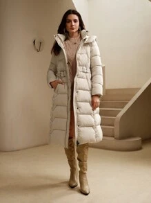 Anewsta 长款加厚连帽束腰棉服外套 - 米色 - 查看 1