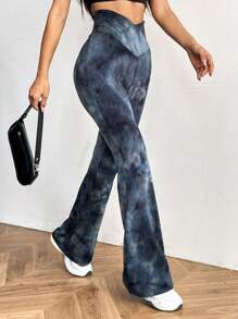 SHEIN EZwear 夏季大码扎染弹力舒适紧身喇叭裤 - 黑色 - 查看 6