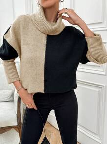 EURMUSE Woman Turtleneck Knit Loose Fit Comfy Warm Sweater Colorblock Details Soft Yarn - Camel - View 3