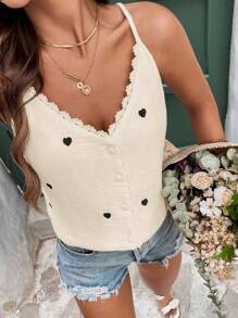 SHEIN Frenchy 女士秋季撞色蕾丝心形刺绣休闲吊带背心、美国背心、返校服装、教师服装、复古款、简约 - 杏色 - 查看 1