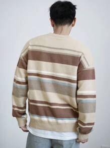 SHEIN TeenBoys 1pc 休闲、舒适、百搭学院风多色条纹拼接提花针织圆领宽松保暖毛衣返校；秋季服装；青少年男孩服装；青少年男孩夹克秋冬