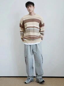 SHEIN TeenBoys 1pc 休闲、舒适、百搭学院风多色条纹拼接提花针织圆领宽松保暖毛衣返校；秋季服装；青少年男孩服装；青少年男孩夹克秋冬