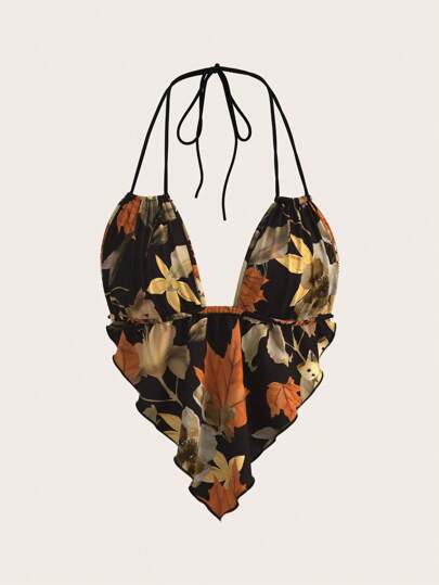 SHEIN ICON Women's Summer Halter Backless Strappy Autumn Maple Leaf Print Camisole
