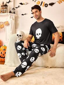 Juego de pijama cómodo con patrón de calavera para hombres, que combina con la familia para Halloween - Negro - Ver 7