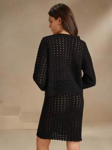 Anewsta Spring & Autumn Handmade Floral Embroidered Hollow Out Knitted Cardigan - Black - View 2