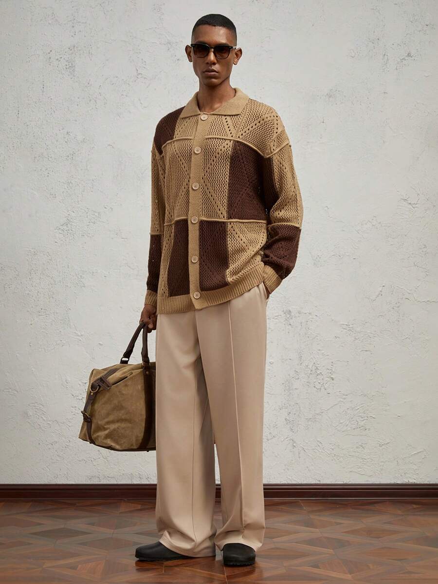 AKNOTIC Business Casual Áo khoác cardigan dáng rộng đan móc nhiều màu sắc thường ngày cho nam, dành cho mùa thu đông - Nhiều màu - Xem 1