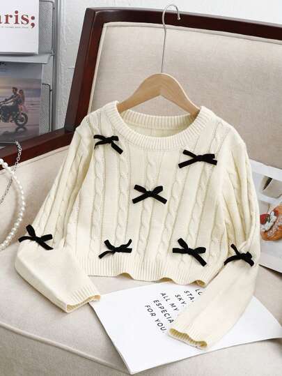 SHEIN Suéter de punto con cuello redondo, manga larga y lazo para niñas preadolescentes, unicolor, informal