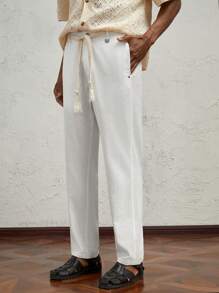 Manfinity VCAY Men's Woven Fit Elastic Waist Long Straight Casual Pants Suitable For Daily Autumn - White - View 1