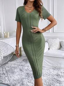 SHEIN Clasi Summer Casual Solid Color Slim-Fit Short Sleeve Sweater Dress - Army Green - View 3